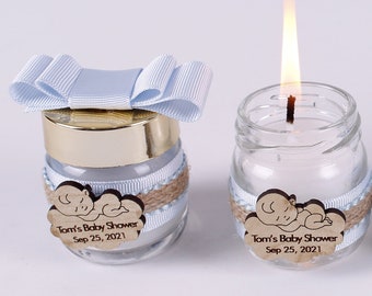 Handgemaakte kaarsen als bedankjes voor een babyshower, kaarsen in bulk voor een babyshower, babyshowercadeaus, weckpotten voor een babyshower, bedankjes voor een verjaardag in bulk, doopbedankjes