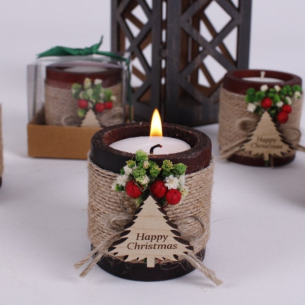Christmas Personalized Candle Favor, Christmas Wooden Candle Holder, Happy Holiday Favors, Floral Candle Favors, Merry Christmas Tag