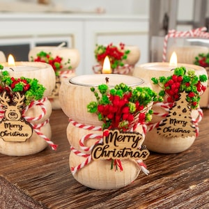 Personalized Christmas Candle Favors, Christmas Wooden Candle Holders, Happy Holiday Favors, Merry Christmas Gifts, Coworker Christmas Gifts