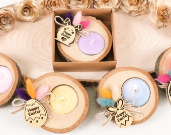 Happy Easter Candle Holder Gifts, Personalized Bunny Egg Name Tags, Rustic Favors, Unique Favors, Colorful Tealight Holders, Thank You Favor