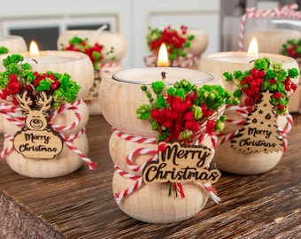 Personalized Christmas Candle Favors, Christmas Wooden Candle Holders, Happy Holiday Favors, Merry Christmas Gifts, Coworker Christmas Gifts