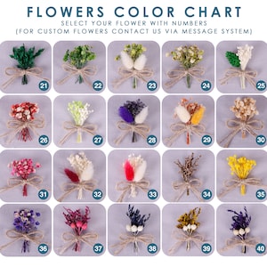 Pu&ograve; includere: Tabella colori di 40 diversi bouquet di fiori secchi, ognuno legato con spago e numerato da 21 a 40. I bouquet sono disposti in una griglia di cinque righe e otto colonne.