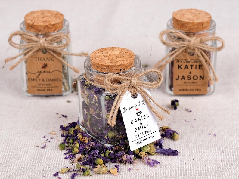 Wedding Tea Favors for Guests – Loose Leaf Herbal Tea Jars | Rustic Wedding Guest Gifts | Personalized Bridal Shower Favors | Tea Party Favors

Delight your guests with these charming Wedding Tea Favors – elegant glass jars filled with premium loose leaf herbal tea, personalized for your special day. These rustic favors are perfect for weddings, bridal showers, tea parties, or engagement celebrations, offering a thoughtful and aromatic thank-you gift your guests will truly enjoy.