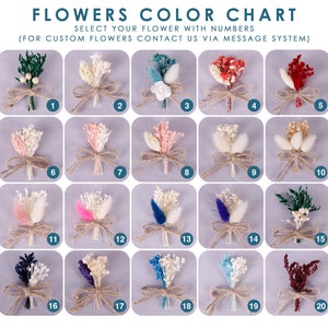 Pu&ograve; includere: Una cartella colori di 20 diversi arrangiamenti di fiori secchi, ognuno legato con spago e numerato da 1 a 20. I fiori sono disposti in una griglia su uno sfondo grigio. Seleziona il tuo fiore con i numeri. Per fiori personalizzati, contattaci tramite il sistema di messaggistica.
