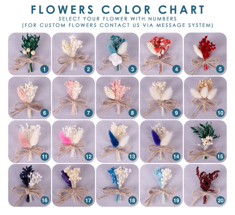 Pu&ograve; includere: Una cartella colori di 20 diversi arrangiamenti di fiori secchi, ognuno legato con spago e numerato da 1 a 20. I fiori sono disposti in una griglia su uno sfondo grigio. Seleziona il tuo fiore con i numeri. Per fiori personalizzati, contattaci tramite il sistema di messaggistica.