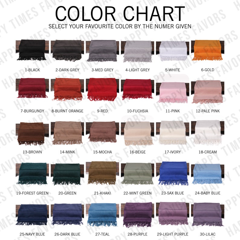 May include: Colour chart featuring 30 fabric swatches in various colours. Each swatch is labelled with a number and the colour name. The colours include black, dark grey, medium grey, light grey, white, gold, burgundy, burnt orange, red, fuchsia, pink, pale pink, brown, mink, mocha, beige, ivory, cream, forest green, green, khaki, mint green, sax blue, baby blue, navy blue, dark blue, teal, purple, light purple, and lilac.