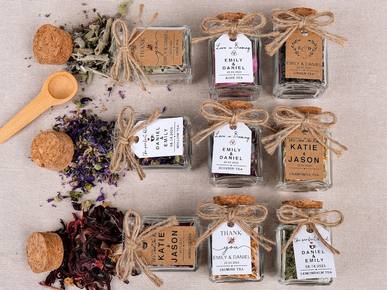 Wedding Tea Favors for Guests – Loose Leaf Herbal Tea Jars | Rustic Wedding Guest Gifts | Personalized Bridal Shower Favors | Tea Party Favors

Delight your guests with these charming Wedding Tea Favors – elegant glass jars filled with premium loose leaf herbal tea, personalized for your special day. These rustic favors are perfect for weddings, bridal showers, tea parties, or engagement celebrations, offering a thoughtful and aromatic thank-you gift your guests will truly enjoy.