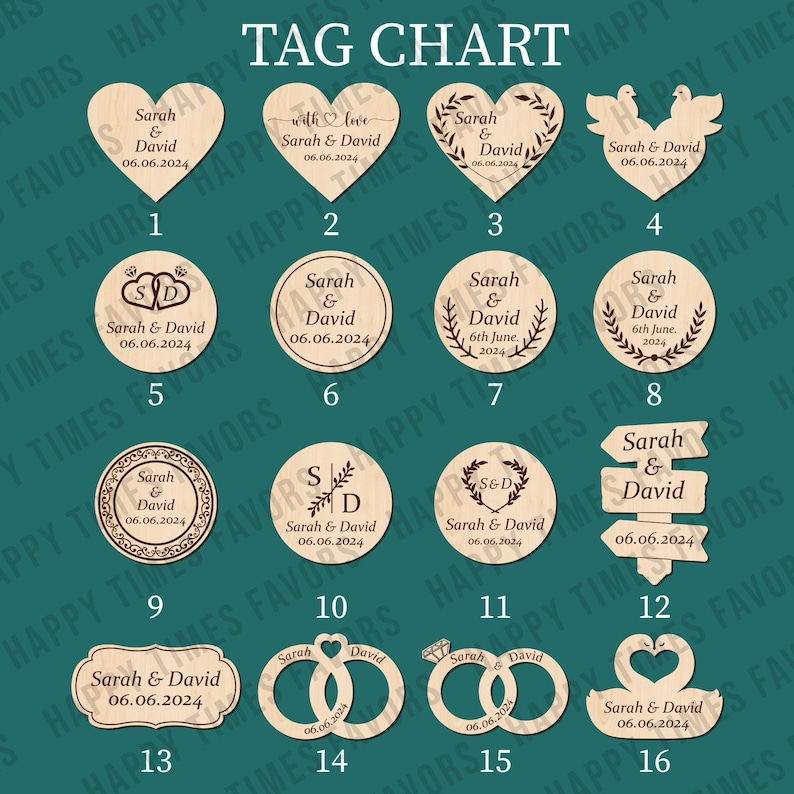 Pu&ograve; includere: Un grafico che mostra 16 diversi design di tag in legno per un matrimonio. I tag presentano vari design, tra cui cuori, colombe, anelli e un cartello stradale. Ogni tag include i nomi "Sarah & David" e la data "06.06.2024".