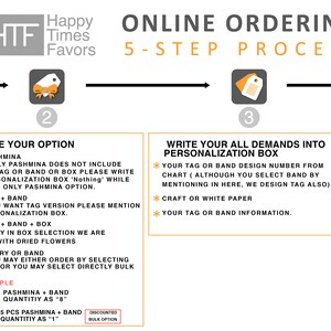 May include: A five-step online ordering process for personalised pashmina scarves, with options for band, box, and embroidery. The steps include choosing a colour, selecting an option, writing personalisation details, selecting quantity, and proceeding to checkout.