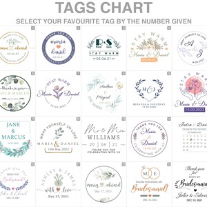 May include: A chart displaying 20 different wedding or bridal shower favour tags. Each tag is a circle with a unique design and text. The tags are numbered 1 to 20. The tags feature various designs including floral wreaths, hearts, and calligraphy.