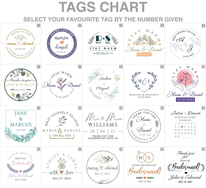 May include: A chart displaying 20 different wedding or bridal shower favour tags. Each tag is a circle with a unique design and text. The tags are numbered 1 to 20. The tags feature various designs including floral wreaths, hearts, and calligraphy.