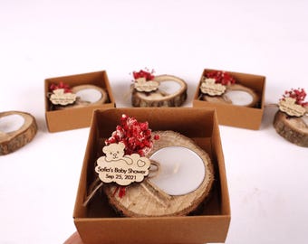 Handgemaakte kaarsjes als bedankjes voor een babyshower, kaarsjes als bedankjes in bulk, doopbedankjes, bedankjes voor een gender reveal party, kraamcadeaus, houten theelichthouders in bulk