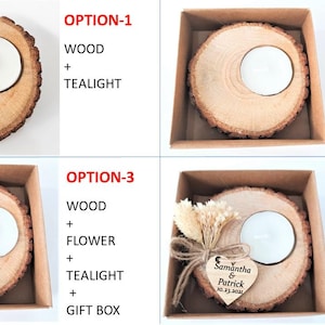 Puede incluir: Cuatro opciones de producto que presentan un portavelas de rodaja de madera natural con una vela de t&eacute; blanca. La opci&oacute;n 1 es la rodaja de madera. La opci&oacute;n 2 incluye una caja de regalo. La opci&oacute;n 3 a&ntilde;ade flores secas. La opci&oacute;n 4 incluye flores y una etiqueta de madera en forma de coraz&oacute;n.