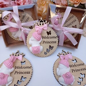 Op de afbeelding: Vier houten babymeisjes welkom borden met een roze en witte babypop, een roze strik en de tekst "Welkom Prinsesje" op elk bord.