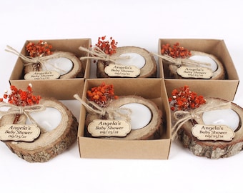 Gepersonaliseerde babyshowerbedankjes voor gasten in bulk - Houten theelichthouder - Rustieke gender reveal & bedankjes voor een jongen of meisje