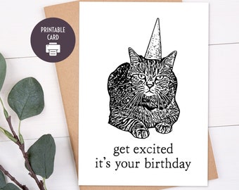 Carte d'anniversaire imprimable, anniversaire drôle de chat pour ami, maman, papa, carte de voeux de 5 x 7 téléchargement numérique avec l'enveloppe