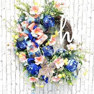 spring wreath, summer wreath, grapevine wreath, peach wreath, blue wreath, housewarming gift, butterfly wreath, shipping included