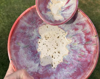 Chip and Dip Bowl with Runny Pink Glaze