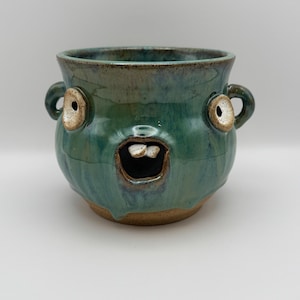 Handmade Face Pot with Green Drippy Glaze