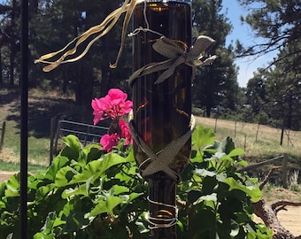 Dark Glass with Silver & Gold Accents Wine Bottle Hummingbird Feeder