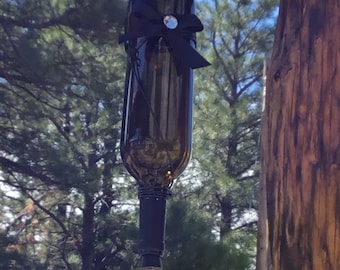 Dark Glass with Black Accents Wine Bottle Hummingbird Feeder