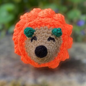 Pu&ograve; includere: Un giocattolo riccio in crochet con filato arancione per le spine, filato marrone per il viso e filato verde per le orecchie.