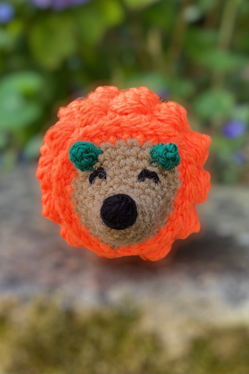 Pu&ograve; includere: Un giocattolo riccio in crochet con filato arancione per le spine, filato marrone per il viso e filato verde per le orecchie.