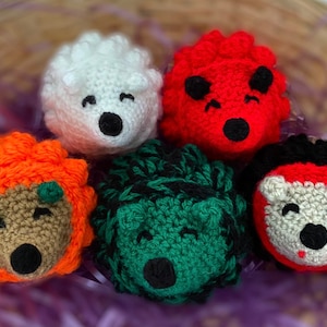Pu&ograve; includere: Cinque ricci di peluche all'uncinetto in un cesto. I ricci sono arancioni, bianchi, rossi, verdi e marroni. Ogni riccio ha un'espressione facciale diversa.