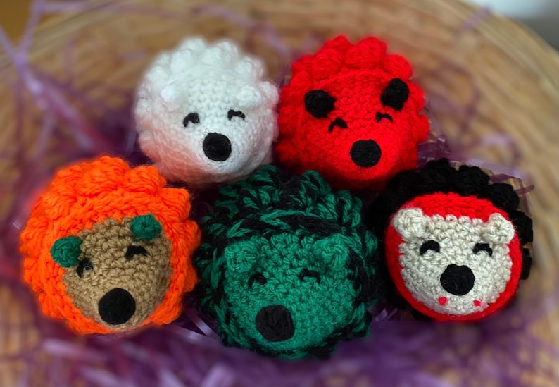 Pu&ograve; includere: Cinque ricci di peluche all'uncinetto in un cesto. I ricci sono arancioni, bianchi, rossi, verdi e marroni. Ogni riccio ha un'espressione facciale diversa.