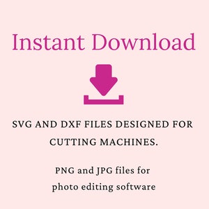 K&ouml;nnte beinhalten: Sofortiger Download-Grafik mit einem rosa Abw&auml;rtspfeil-Symbol. Der Text lautet "SVG- und DXF-Dateien f&uuml;r Schneidemaschinen. PNG- und JPG-Dateien f&uuml;r Bildbearbeitungssoftware."