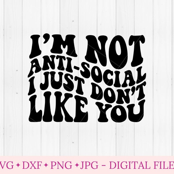 I'm not antisocial I just don't like you svg, svg files for cricut, wavy text svg, trending aesthetic retro shirt, funny sarcastic jpg