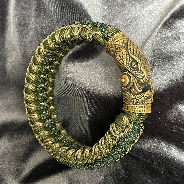 Bracelet en paracorde à fermoir manille en laiton avec tête de serpent Doré-vert foncé