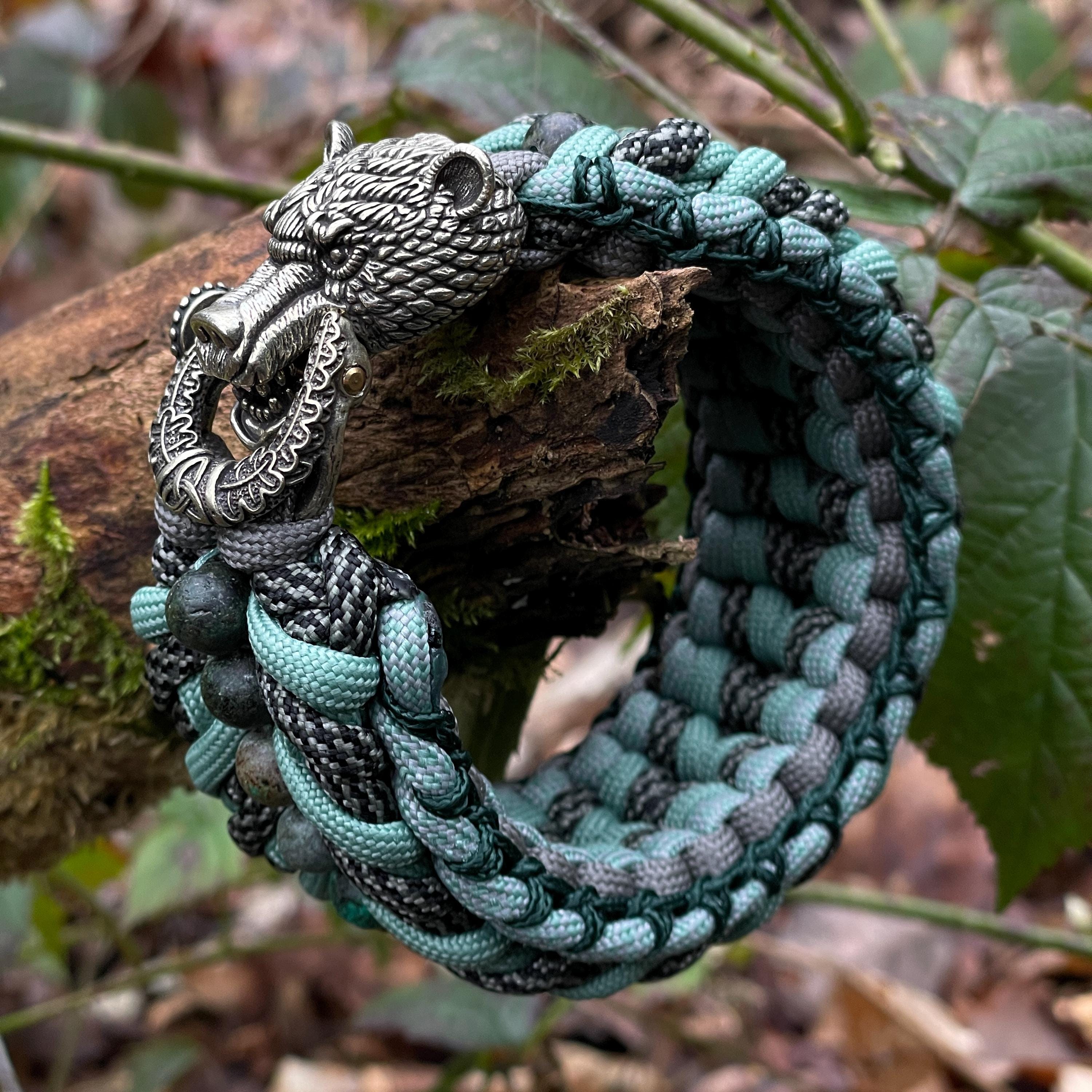 Paracord Bracelet, White Brass Bear Head Clasp, African Turquoise