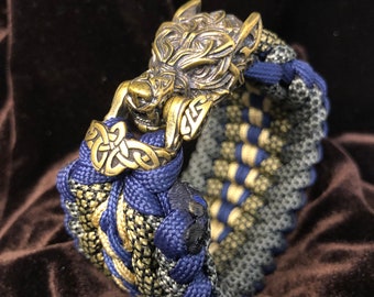 Navy Blue-Golden Paracord Bracelet with Brass Wolf Head