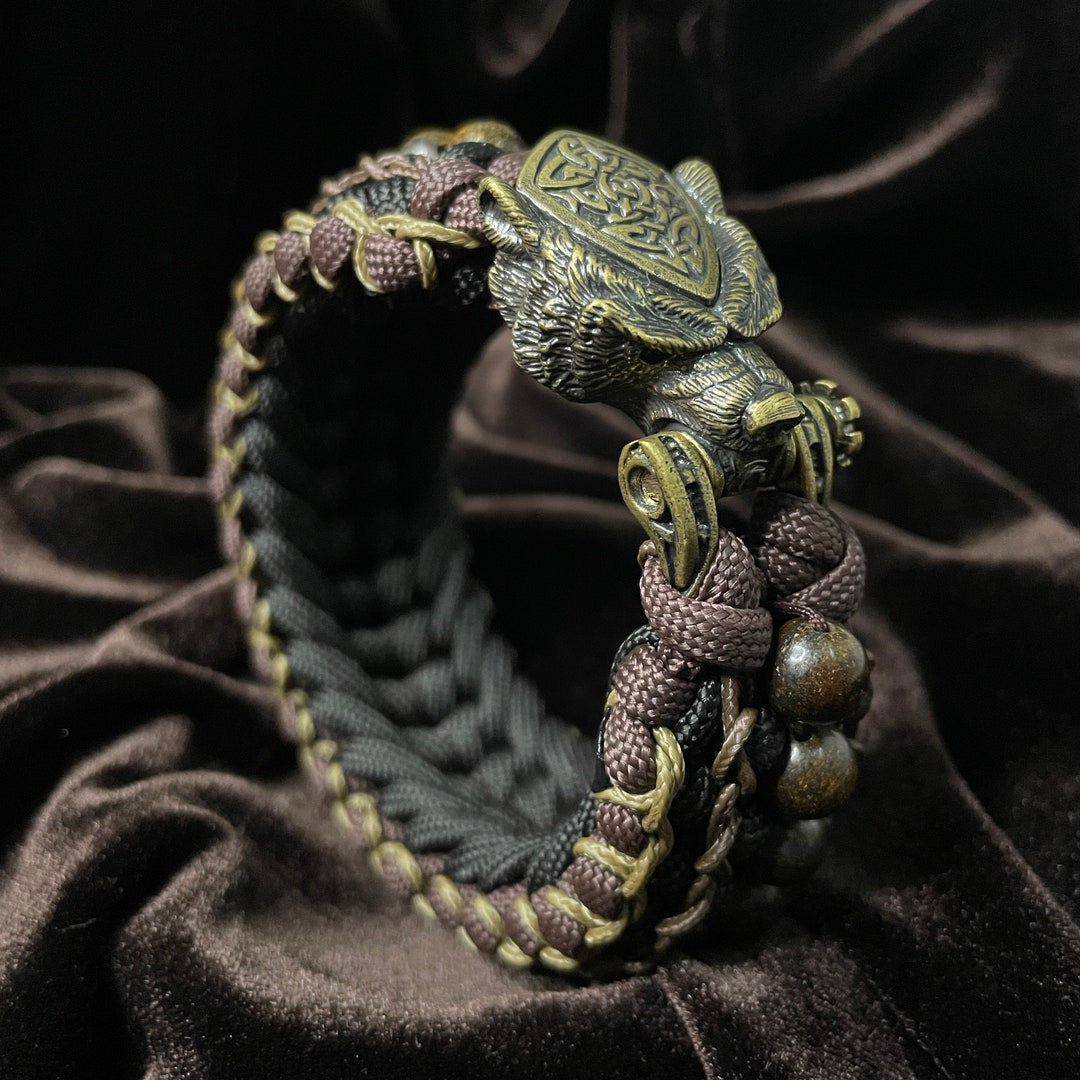 Paracord Bracelet Brass BEAR Head Clasp Brown-black Natural