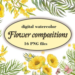 Watercolor Flower Clipart, Botanical Flowers Clipart, Flower Frame, Flower Bouquets, Wedding Clipart, Digital Watercolor Flowers, Flower PNG