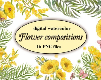 Watercolor Flower Clipart: Botanical Bouquets & Frames (PNG Digital Download)