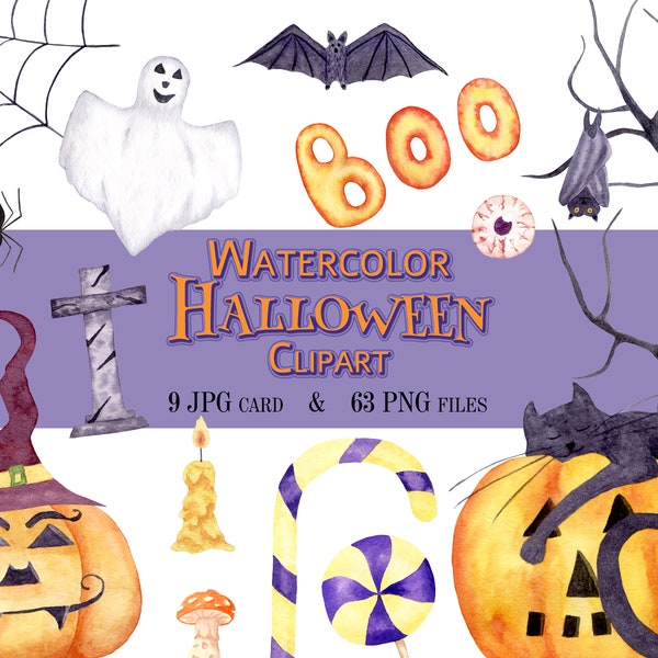 Watercolor Halloween Pumpkins. A black cat, tombstones, ghosts and an old stone castle. Spiders with webs, bats, candles and owls.