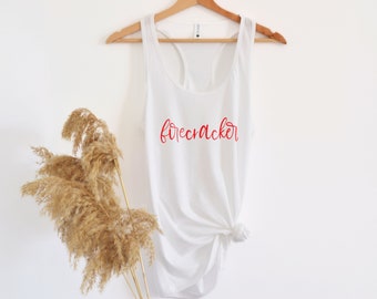 Regata Firecracker 4 de Julho | Camisa Patriótica Feminina | Camiseta com Estampa dos EUA | Regata de Verão Vermelha, Branca e Azul | Traje para Show Country