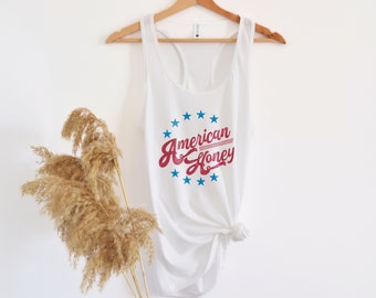 Regata American Honey | Camisa Patriótica de 4 de Julho para Mulheres | Camiseta com Estampa dos EUA | Traje para Show Country | Regata para Festival de Verão