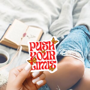 May include: A red and white sticker with the text "PUSH YOUR LIMIT" in a retro font. The sticker has a butterfly design with yellow and orange wings.