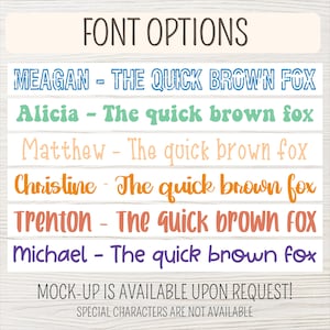 May include: A graphic displaying font options, with names and example text in various styles. The text "FONT OPTIONS" is at the top. Below are names like Meagan, Alicia, and Matthew, each paired with "The quick brown fox."