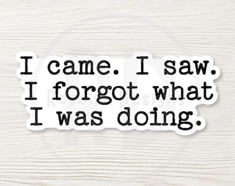 May include: A white sticker with black text that reads "I came. I saw. I forgot what I was doing." The sticker has a rounded rectangular shape and is set against a white wood grain background.