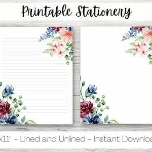 Papelaria floral para impressão, papel pautado digital, sem forro, tamanho carta dos EUA, 8,5 x 11 polegadas, papel para escrever, folhas de diário, flores em aquarela