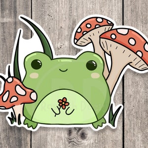 Cute frog sticker, cottagecore mushroom, kawaii water bottle sticker, laptop sticker, frog lover gifts