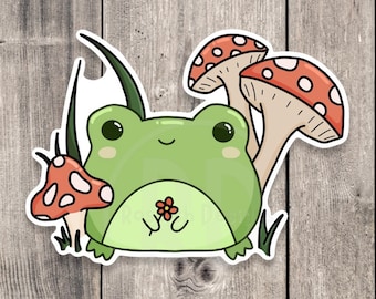 Cottagecore Frog Sticker, Kawaii Mushroom Decal