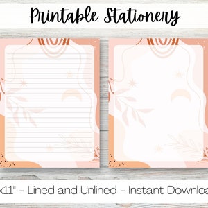 Printable Boho Stationery, digital lined paper, unlined, US Letter size, 8.5x11 inches, writing paper, journal sheets, neutral colors