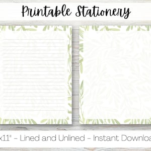 Printable Leaves Stationery, digital lined paper, unlined, US Letter size, 8.5x11 inches, writing paper, journal sheets, greenery
