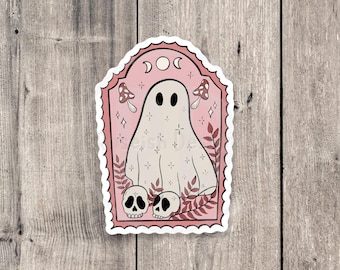 Pink Halloween Ghost Vinyl Water Bottle Sticker, Spooky Fall Decal
