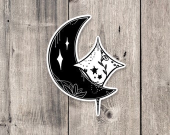 Crescent Moon Vinyl Sticker: Black and White Celestial Decal
